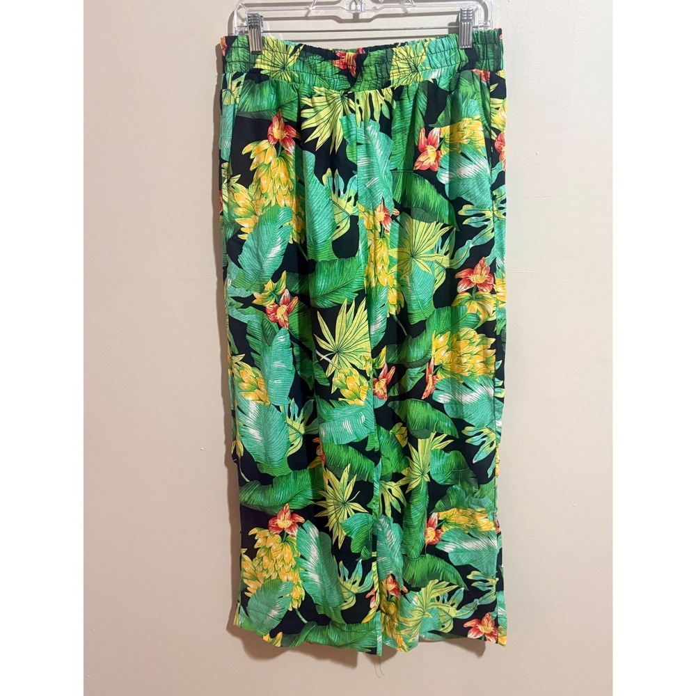 Nicole Miller Wide Leg Pants Womens M Green NWT Tropical Palm Linen Blend